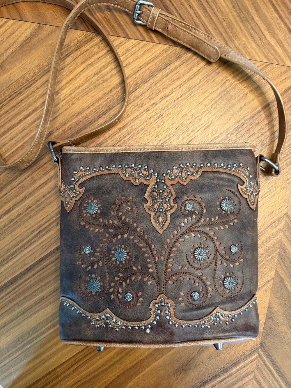 Montana West Brown Tooled Leather Crossbody Bag